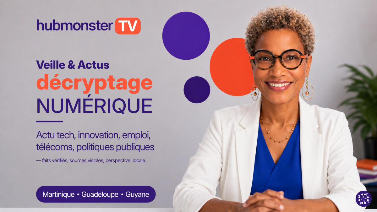Visuel Hubmonster TV — Veille et actus, décryptage numérique (tech, innovation, emploi, télécoms). Antilles.